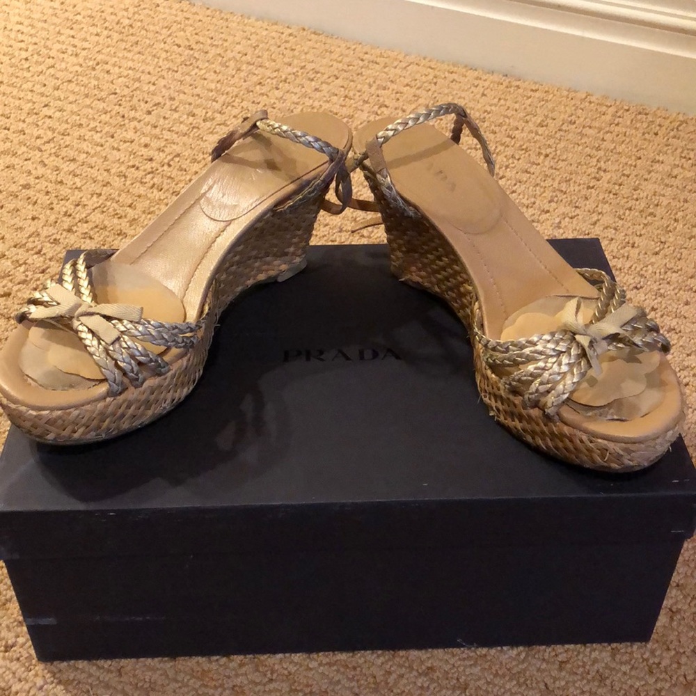 PRADA gold braided wedges, shoes some wear&tare